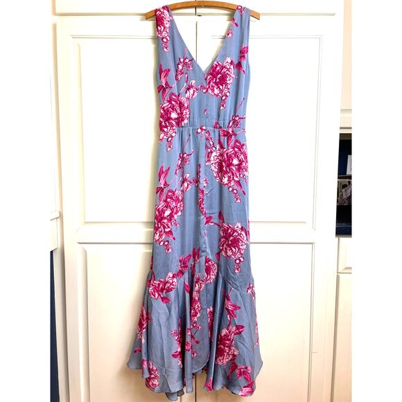 White House Black Market Tie Front Floral Maxi Dress Sz 8 Gray Satin Fit & Flare - Picture 3 of 12